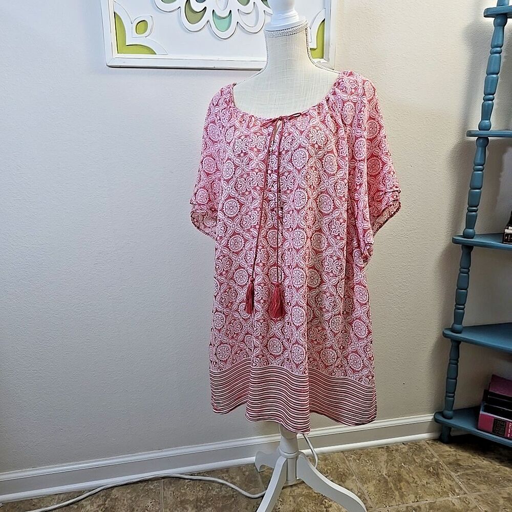 Evans Tie Neck Plus Sz 22 / 24 Kaftan Cover-Up Red White Geometric Floral Print